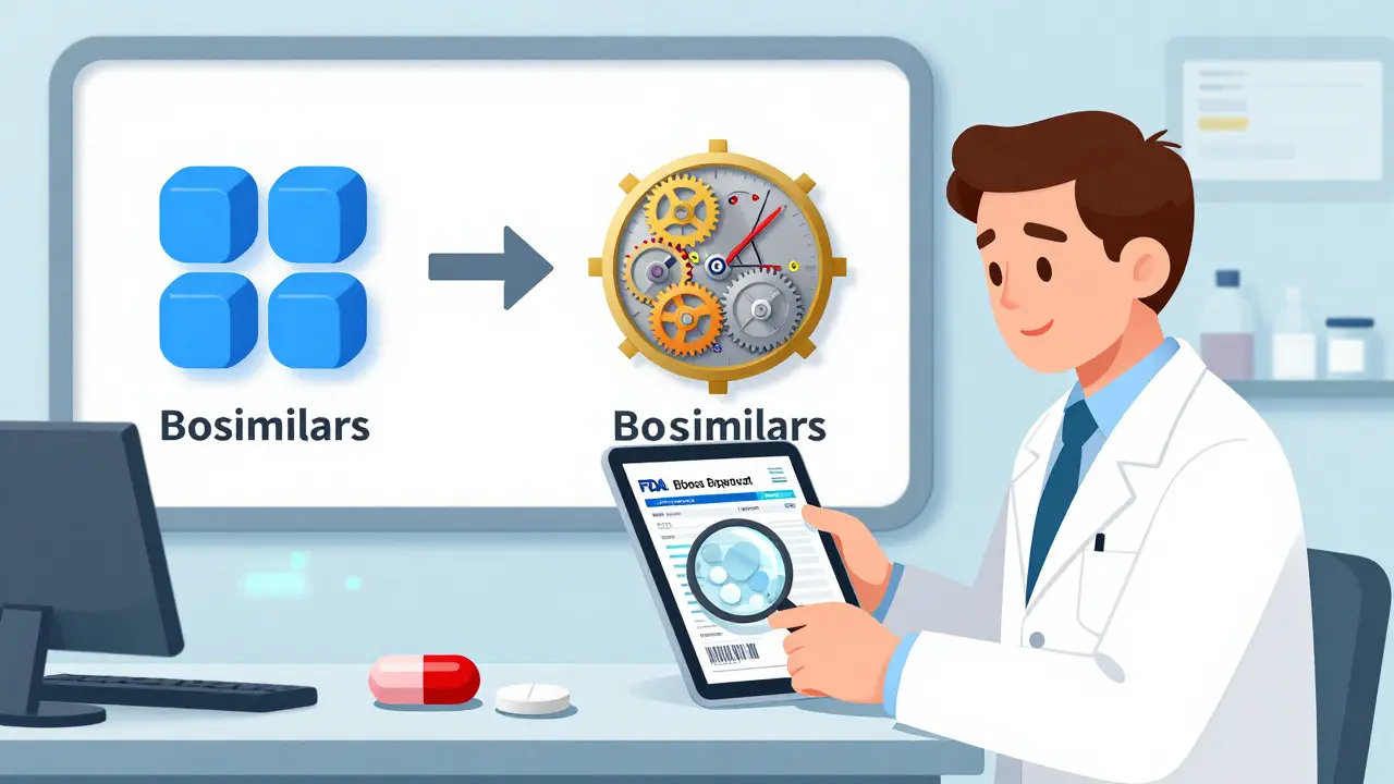 Pharmacist shows FDA biosimilar data on a tablet while comparing generic pills and biosimilar mechanisms side by side.