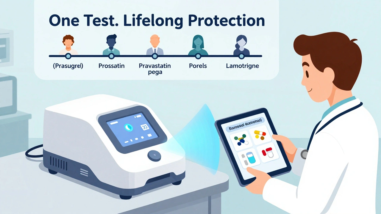 Quick genetic test device in a clinic displaying personalized drug alternatives on a tablet.