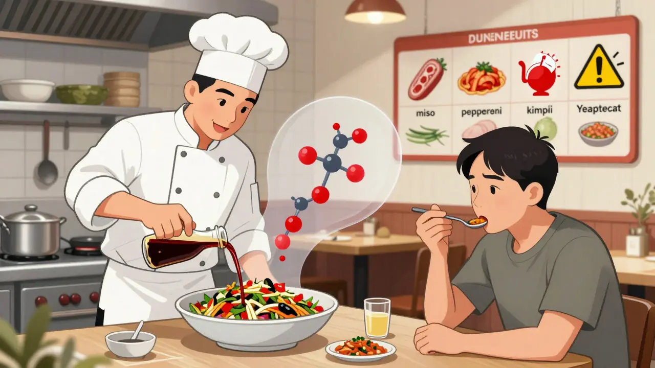 Restaurant scene where hidden tyramine in sauces enters a patient's body, shown with warning icons and food labels floating above the table.