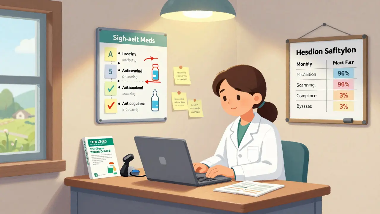 Rural clinic pharmacist managing safety alerts with simple tools and tracker.