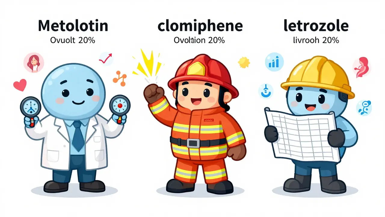 Side-by-side cartoon comparison of metformin, clomiphene, and letrozole as characters with ovulation and pregnancy rate icons.
