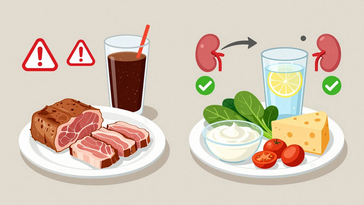 Side-by-side comparison of a stone-risk meal vs. a prevention meal with labeled kidney-friendly foods.