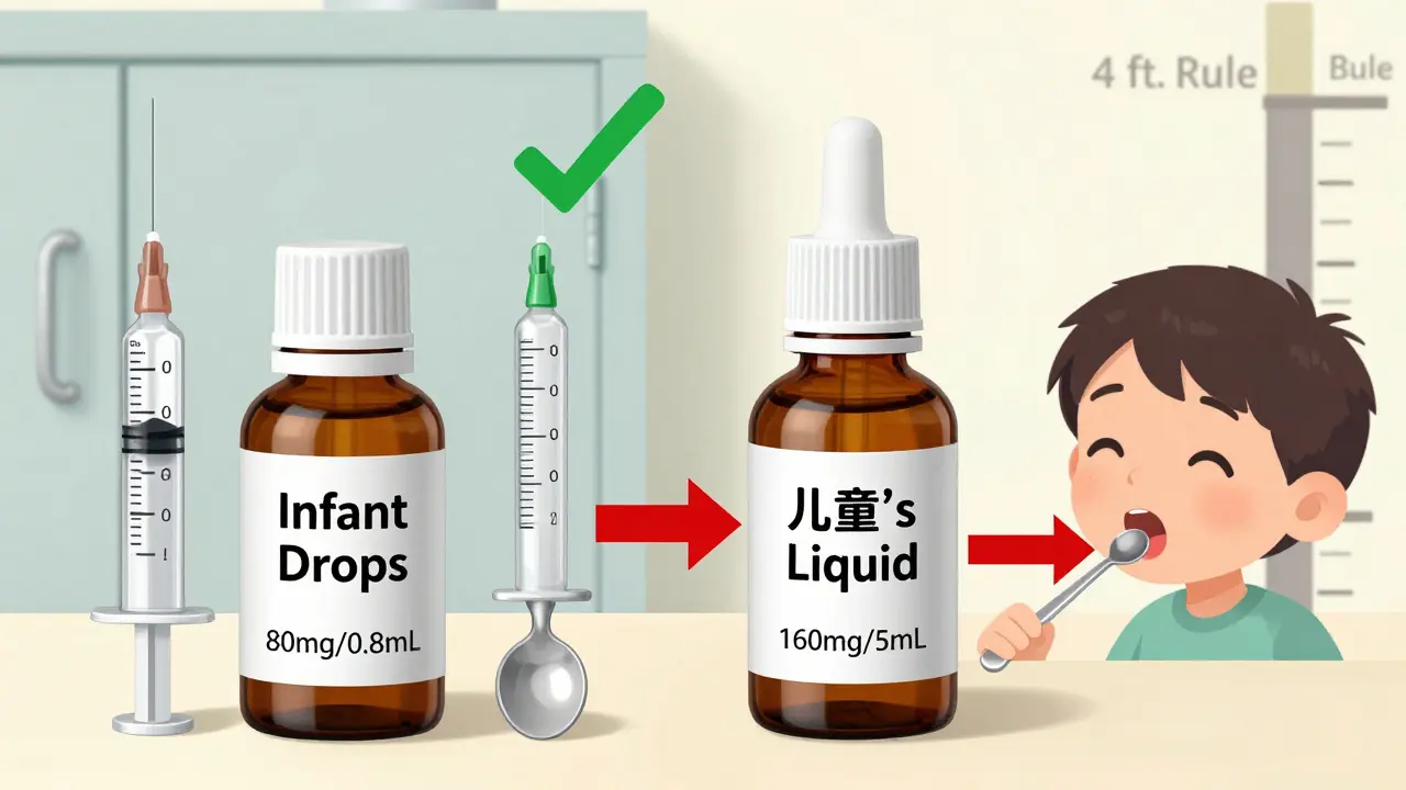 Side-by-side comparison of infant and children's medicine bottles with correct and incorrect dosing tools.