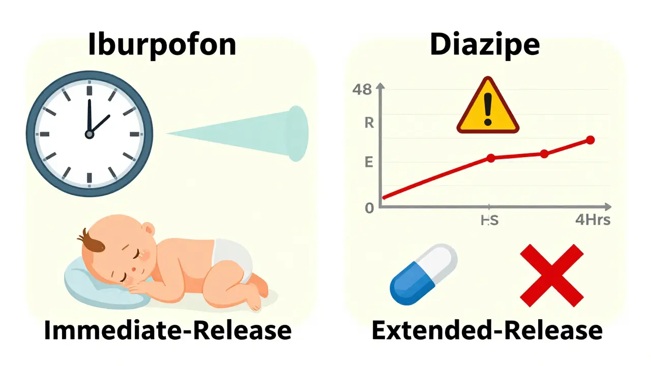 Side-by-side comparison of short-acting and long-acting medications in breastfeeding with timing icons.