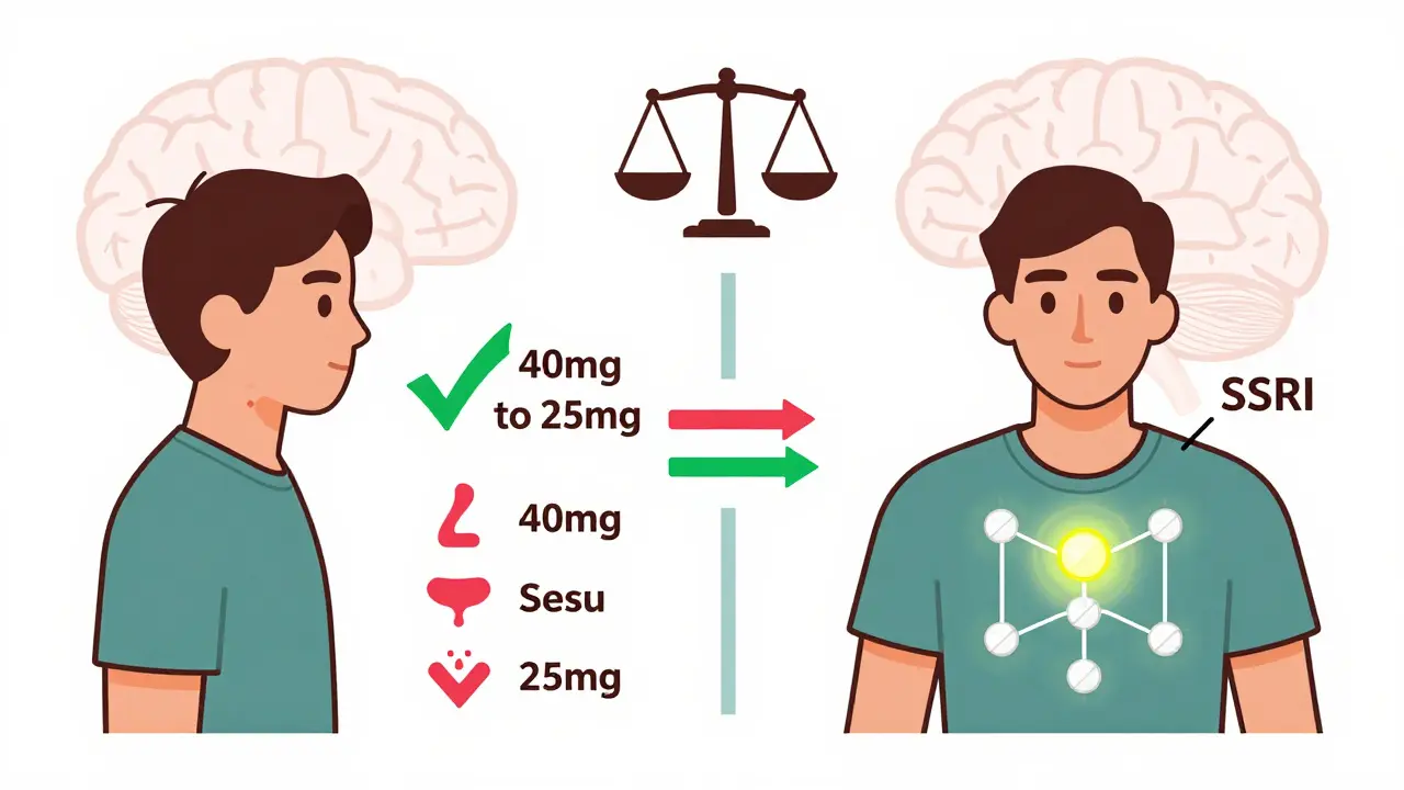 Side-by-side medical illustration comparing SSRI dose reduction and bupropion augmentation for sexual side effects.