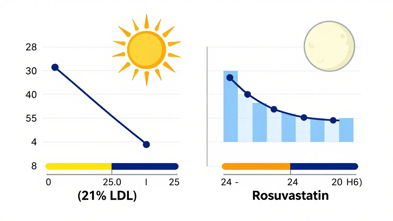 Side-by-side timeline comparison showing short-acting vs long-acting statin effectiveness over 24 hours.