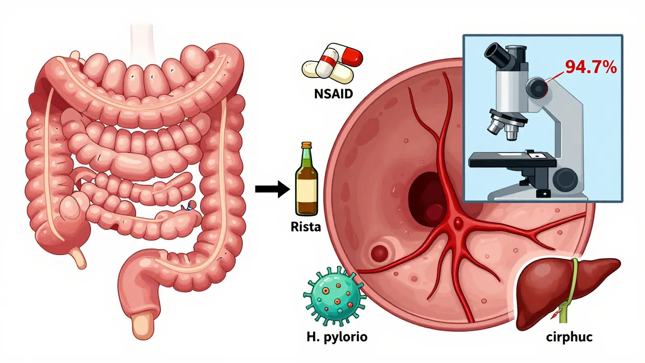 Split illustration comparing healthy and bleeding GI tract with risk factors and AI diagnostic overlay.