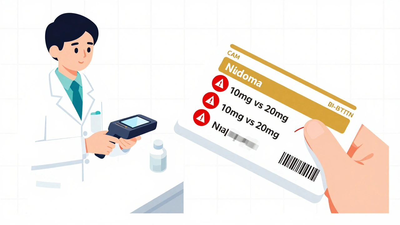 Split illustration showing correct prescription vs. labeled errors: wrong name, incorrect dosage, and faded expiration date.