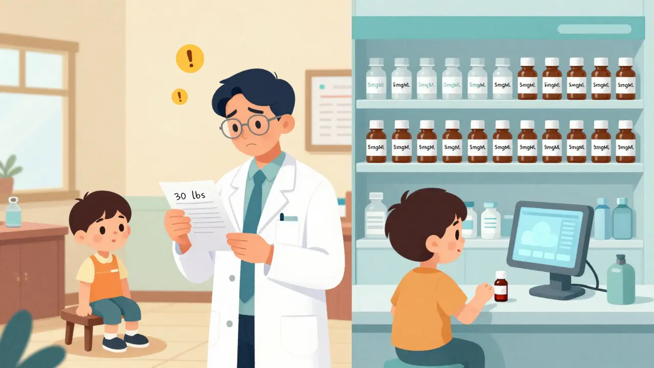 Split-screen comparison: rural pharmacy with handwritten weight vs. modern hospital with standardized dosing labels.