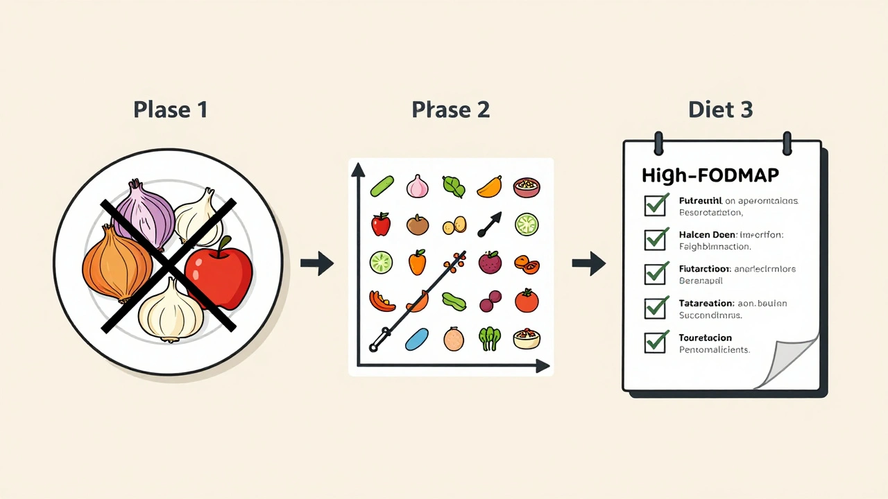 Three-phase low-FODMAP diet process illustrated with food icons and testing charts.