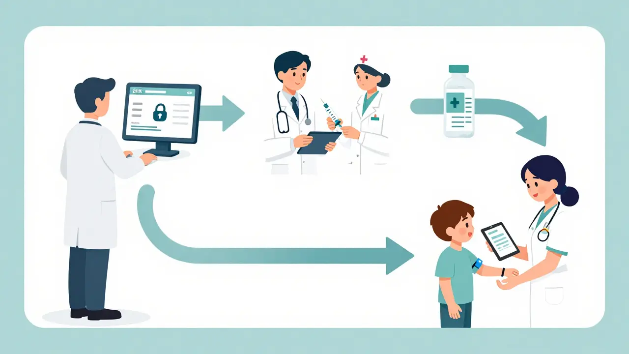 Three-step medical verification process: weight entry, dose calculation, and bedside scanning with visual checkmarks.