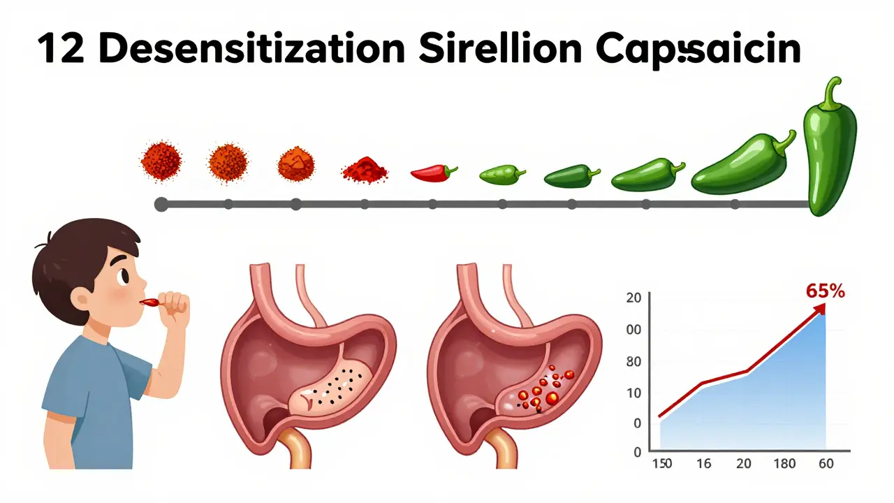 Timeline showing gradual increase in spicy food intake leading to reduced nerve sensitivity and improved tolerance.
