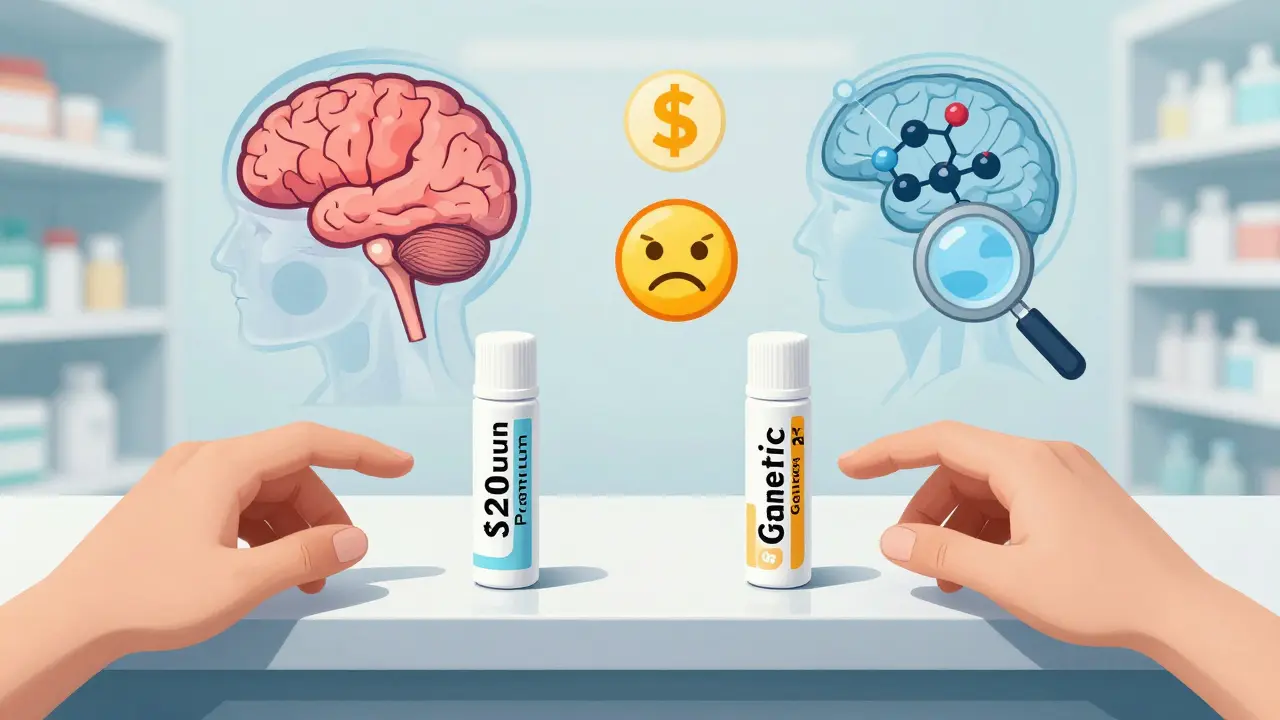 Two identical pain creams labeled with different prices, with brain scans showing differing pain suppression activity.
