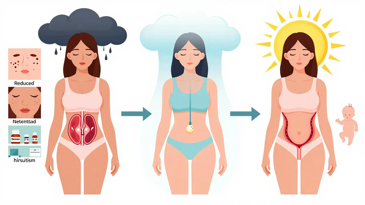 Woman's journey through PCOS and metformin treatment: from insulin resistance to restored ovulation and improved health.