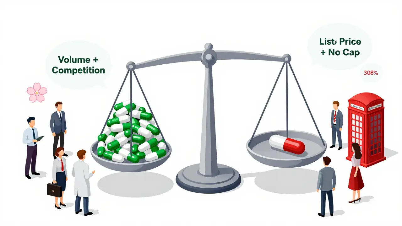 A balanced scale showing how generic volume lowers prices versus brand-name list prices driving costs up.