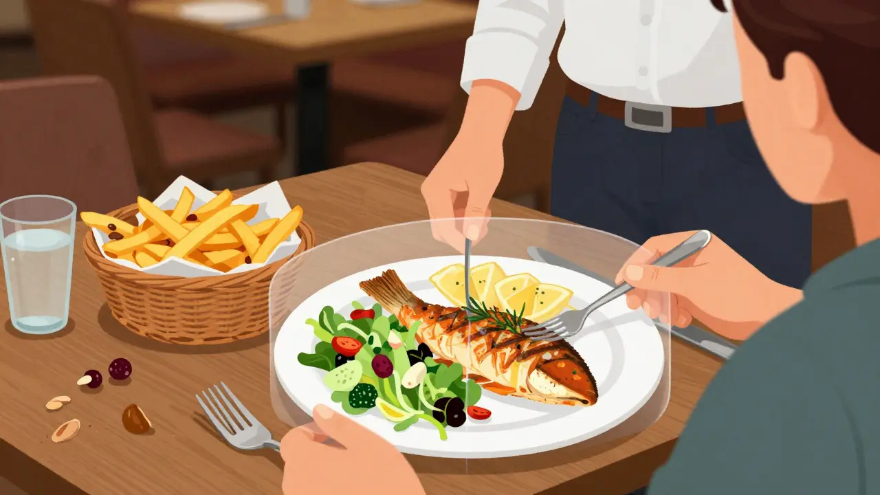 A person dining out choosing vegetables over fries and skipping bread, following the Diabetes Plate Method.