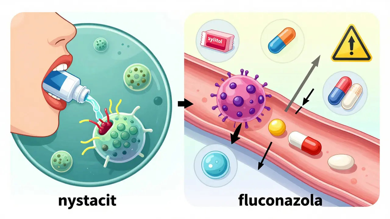 Comparison of nystatin and fluconazole treatments with prevention tools like xylitol and probiotics