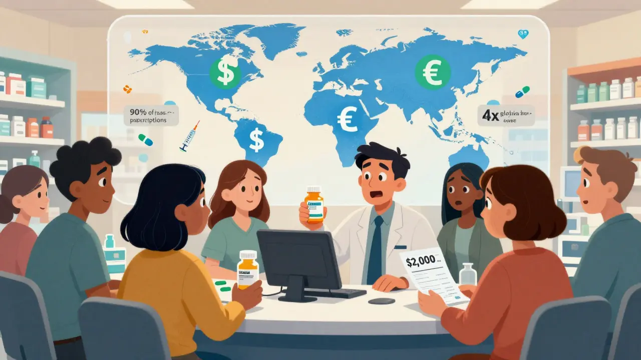 Diverse patients at a U.S. pharmacy counter reacting to vastly different drug prices with global comparisons.