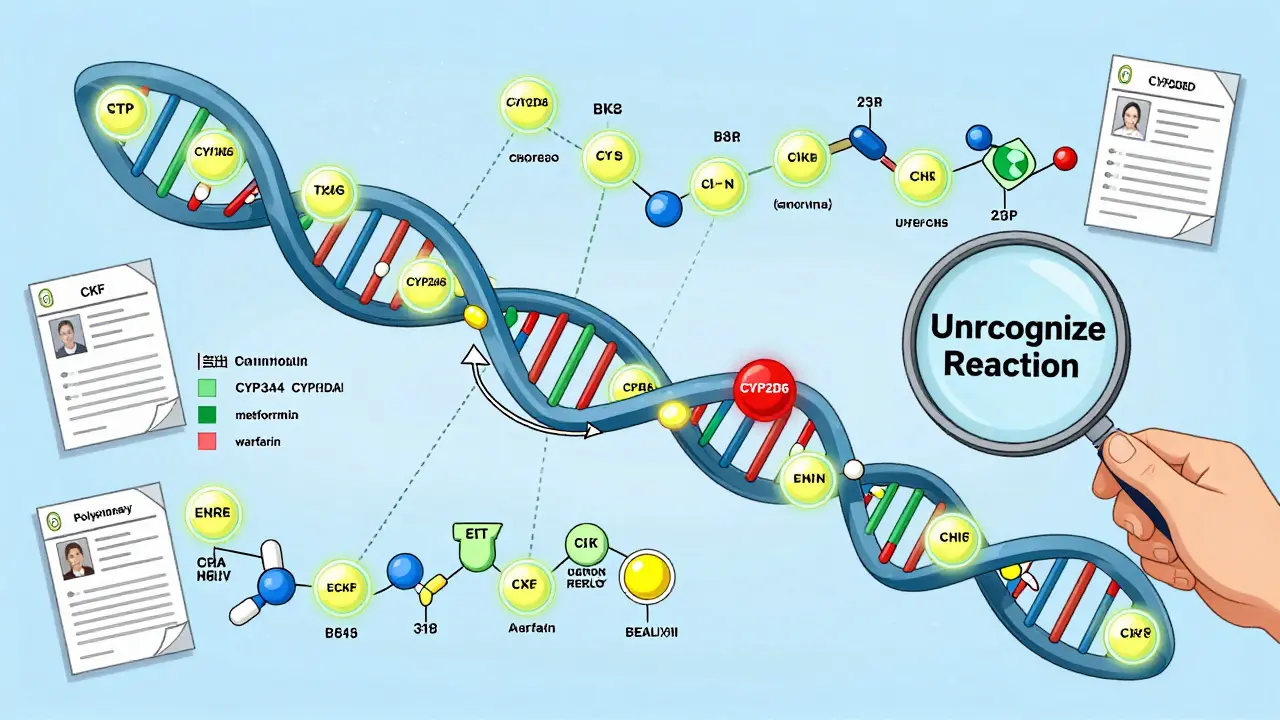 DNA helix as drug metabolism map with gene markers and color-coded risk levels for different medications.