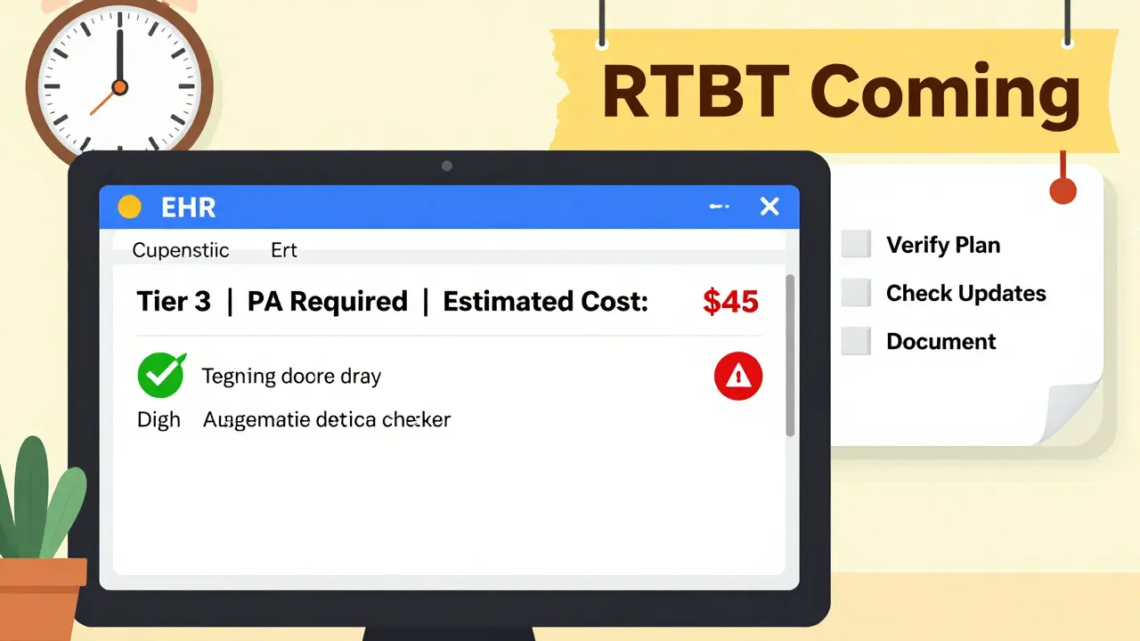 EHR screen displaying real-time formulary check with tier, prior authorization alert, cost estimate, and alternative drug suggestion.