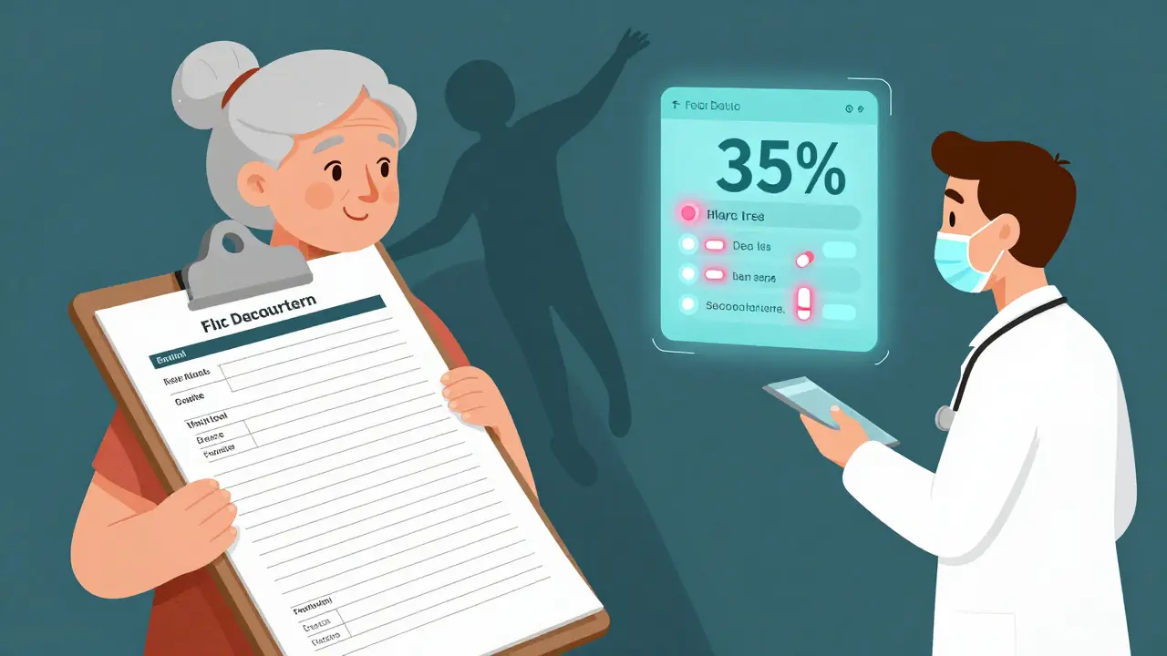 Elderly woman with medication list, doctor viewing incomplete digital record, shadow of fall risk in background.