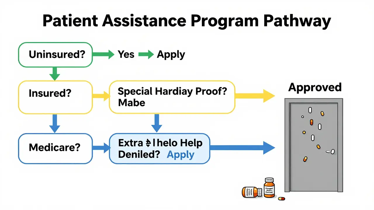 Flowchart showing eligibility paths to patient assistance programs, with approved pills raining down.