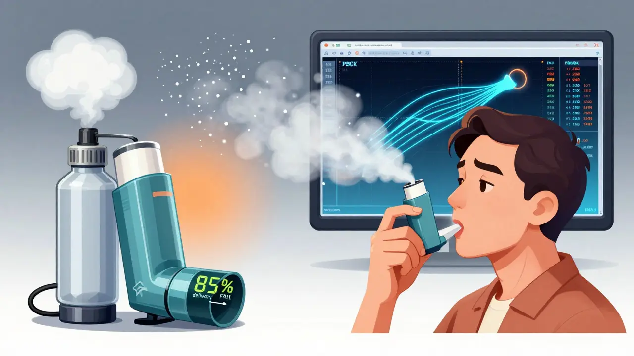 Generic inhaler emitting uneven aerosol compared to brand version, with patient inhaling and PBPK model on screen.