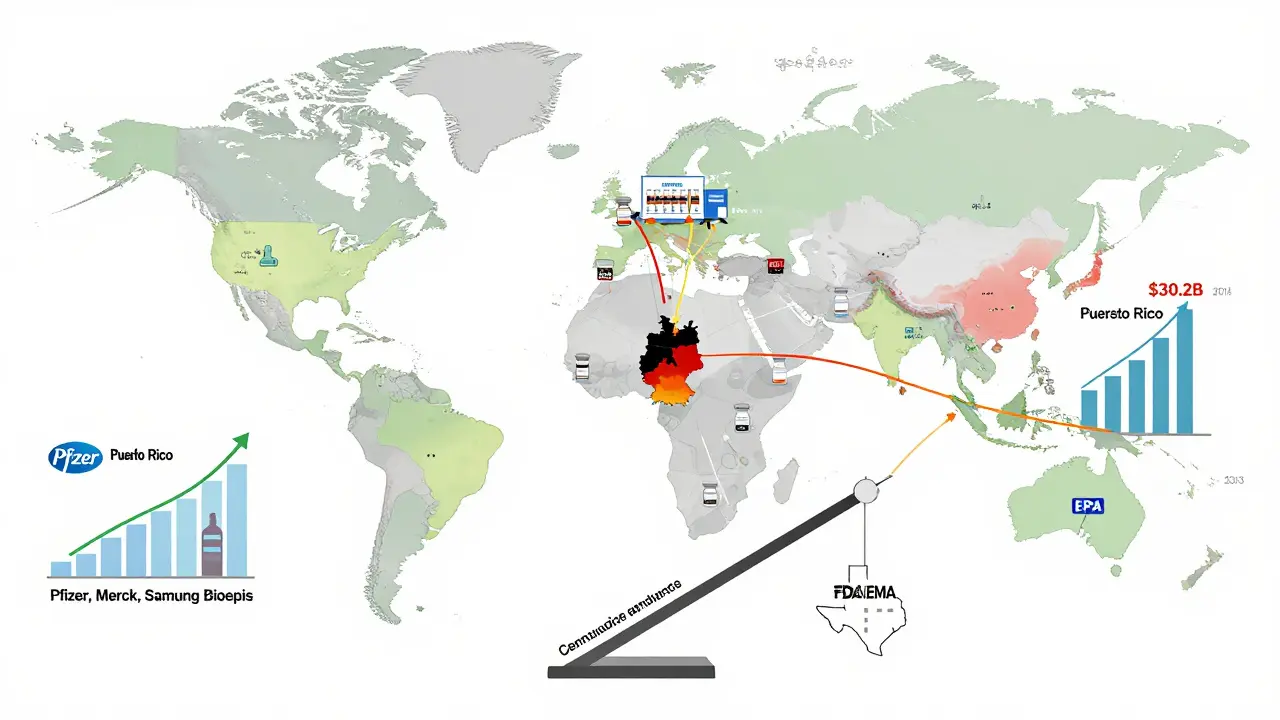 Global biosimilar manufacturing map highlighting Germany and U.S. production hubs with rising market growth projections.