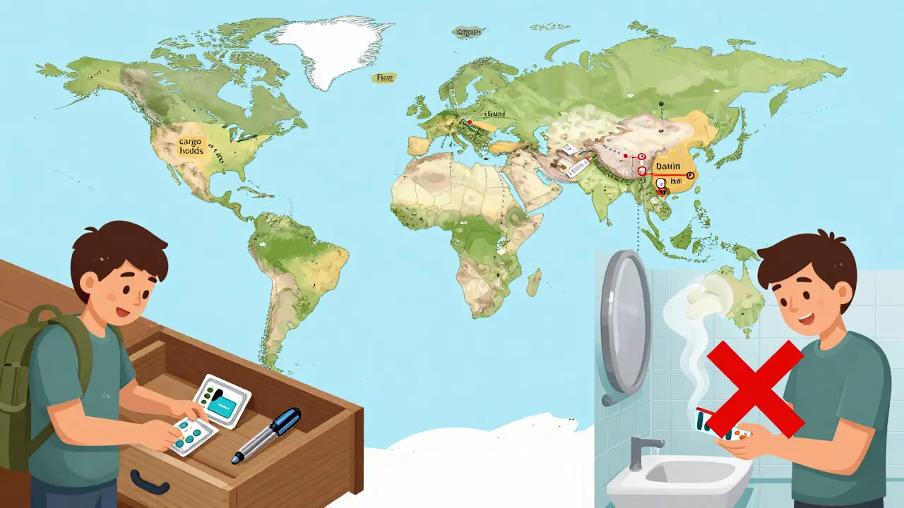 Global travel map showing safe medication storage zones with icons of coolers, foil wraps, and warning signs for risky locations.