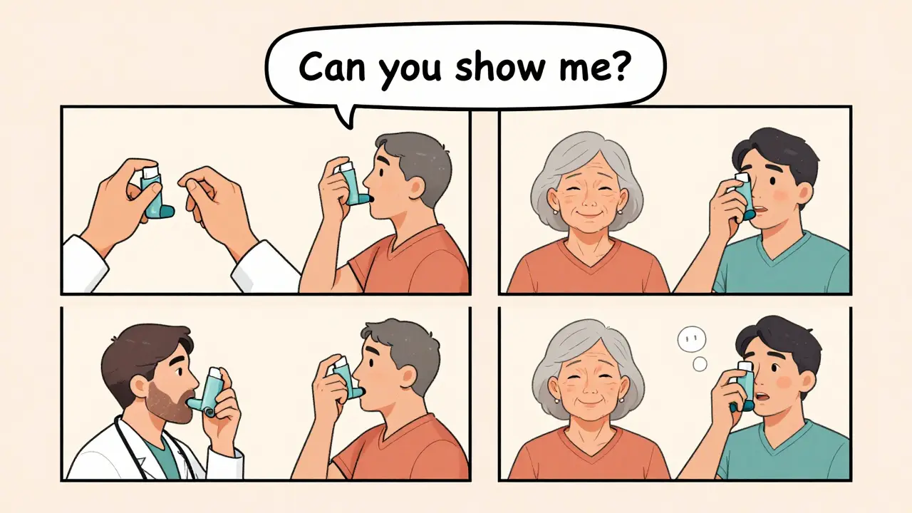Healthcare provider demonstrating inhaler use with a four-step illustrated guide to an older patient.