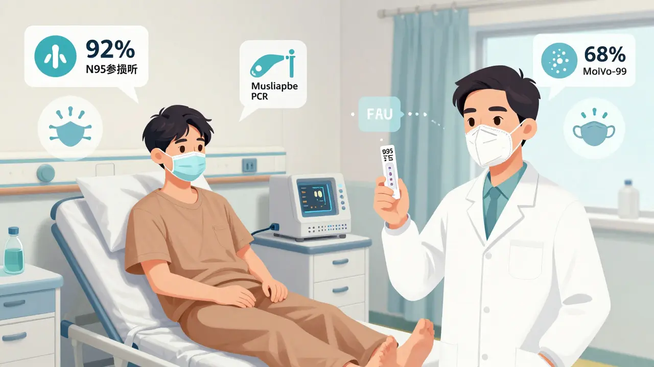 Hospital isolation room showing flu and COVID-19 patients with different discharge criteria and mask requirements.