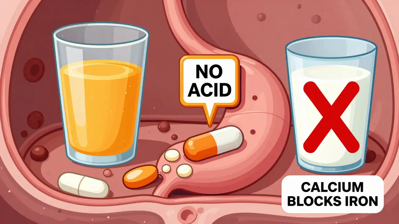 Iron absorption enhanced by orange juice, blocked by milk and antacids.