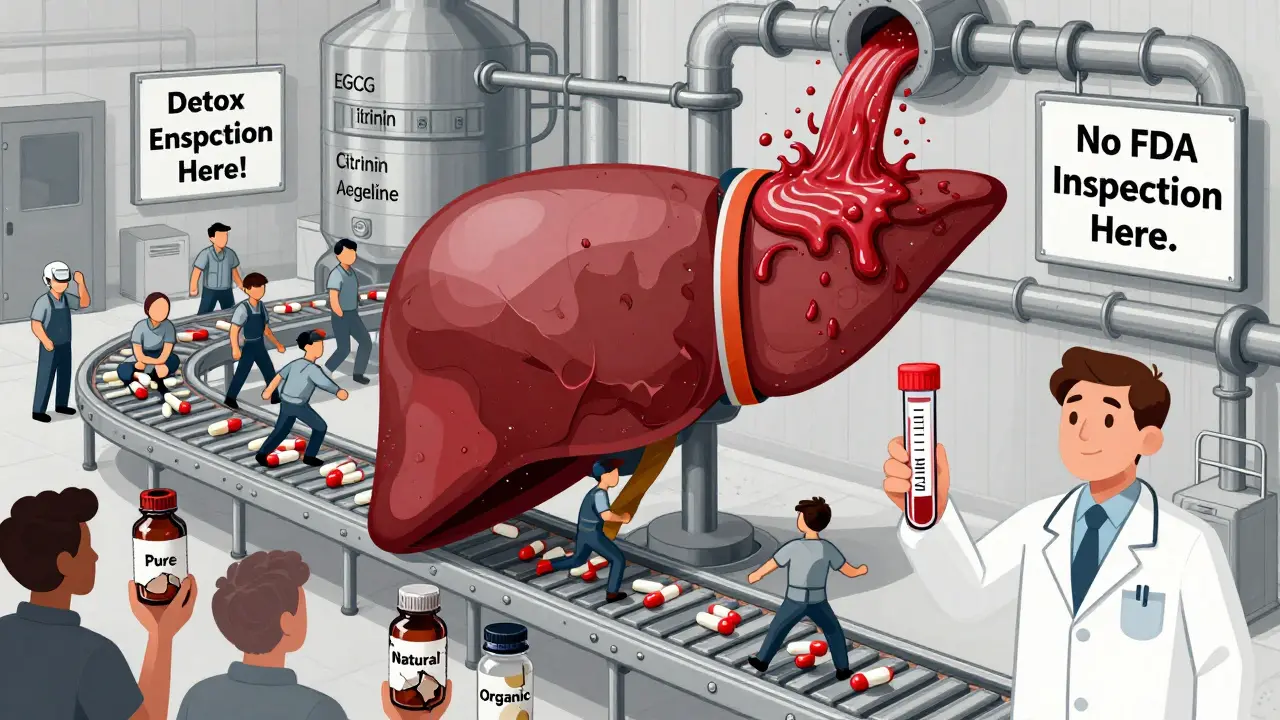 Liver as a factory overwhelmed by toxic supplement sludge, workers fleeing, labels 'Pure' and 'Natural' peeling off bottles.