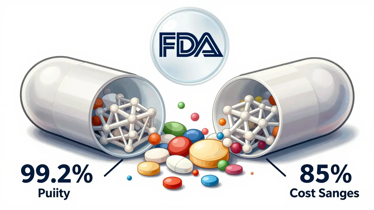 Magnified view of pill capsules releasing identical active ingredients while inactive components differ, with FDA purity badge.