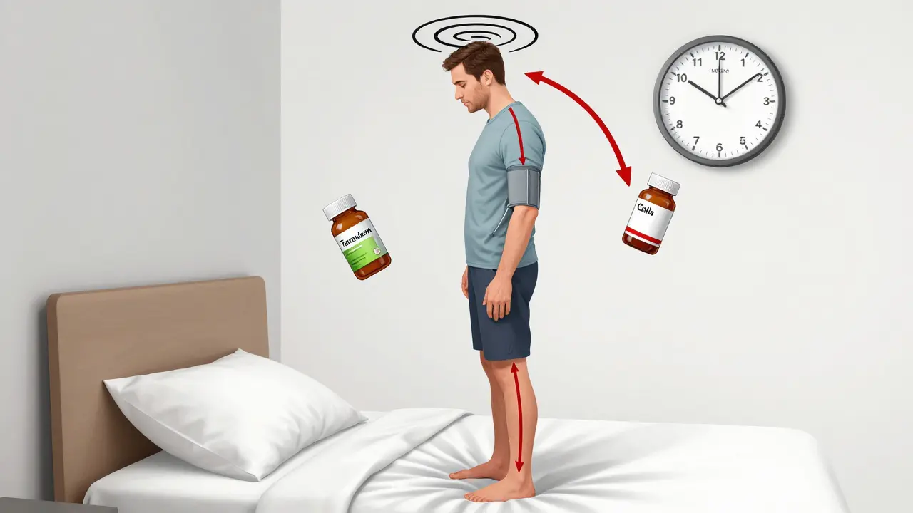 Man standing up from bed with arrows showing blood pressure drop from Cialis and alpha-blocker interaction.