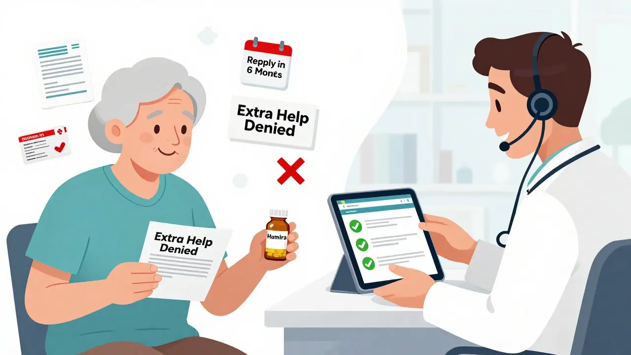 Medicare patient receiving help from a patient navigator, with denial letters and reapplication reminders nearby.