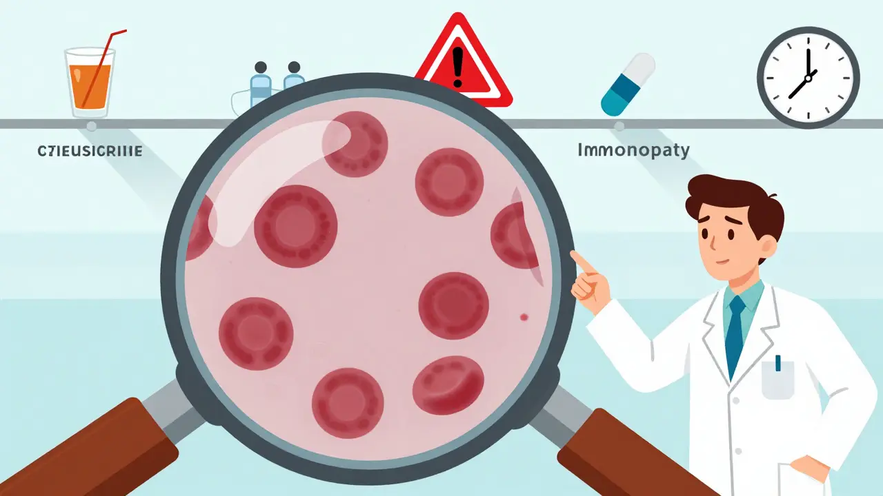 Microscopic view of fragmented red blood cells in a blood smear with diagnostic alerts and drug icons surrounding it.
