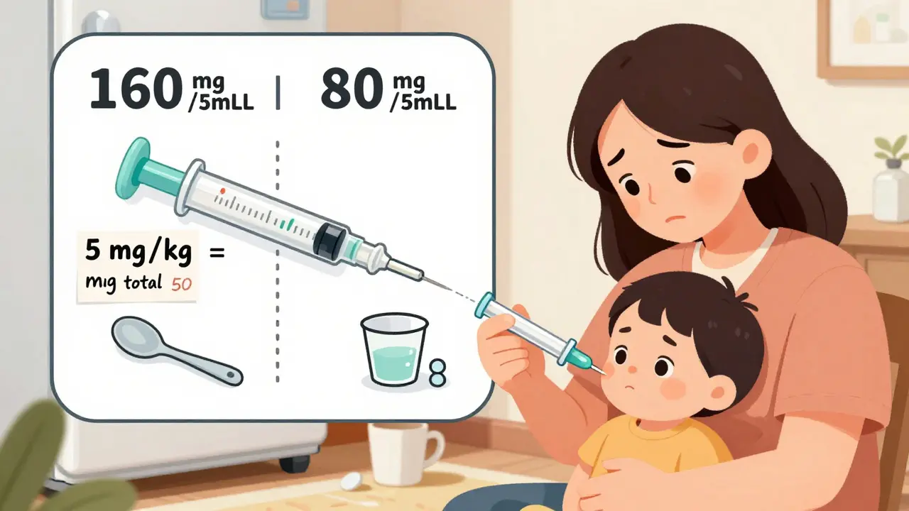 Parent correctly using dosing syringe at home, with concentration comparison diagram and discarded spoon.