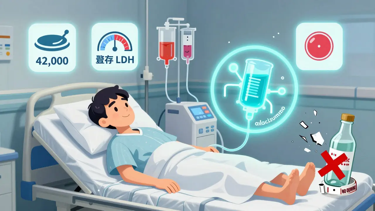 Patient in ER with floating medical diagnostics and plasma exchange machine, while tonic water bottle shatters with a red X.