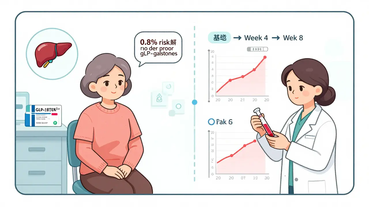 Patient receiving GLP-1 agonist with blood test timeline and gallbladder risk icon, technical illustration