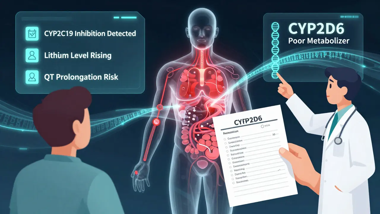 Patient with medication list and digital health dashboard showing drug interaction alerts