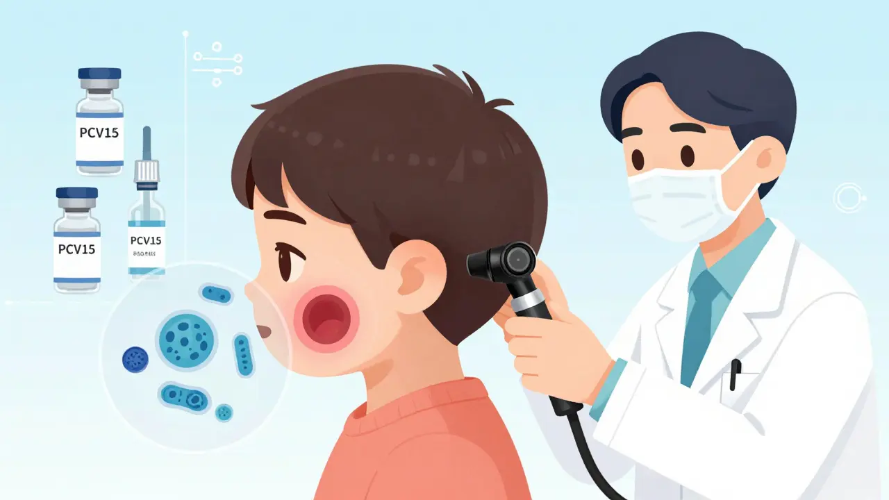Pediatrician examining an ear with otoscope, showing bacteria and vaccines in transparent overlay.