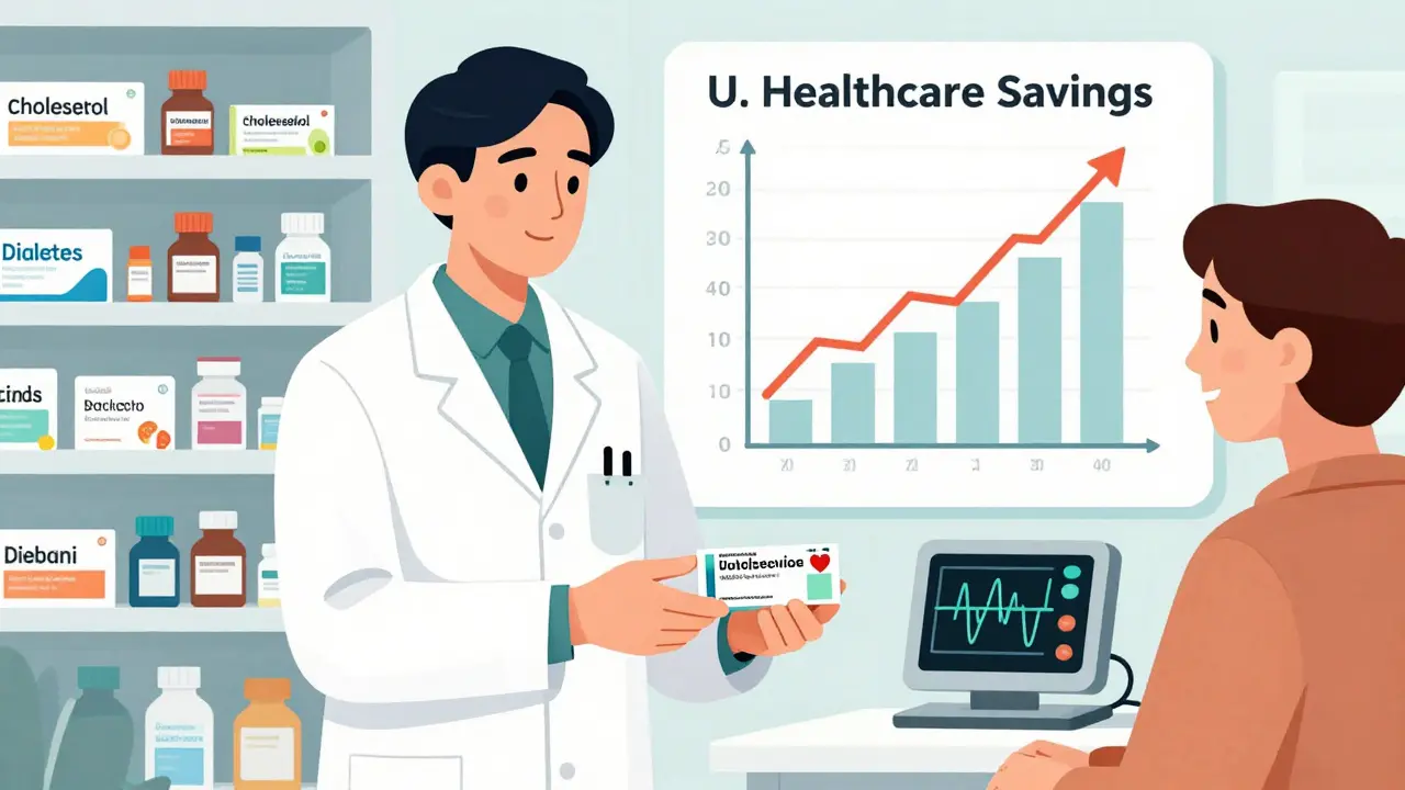 Pharmacist giving generic prescription with pharmacy shelf and healthcare savings graph in background.