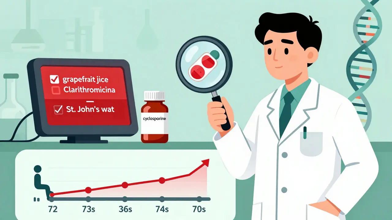 Pharmacist reviewing dangerous drug interactions with cyclosporine on a digital alert system