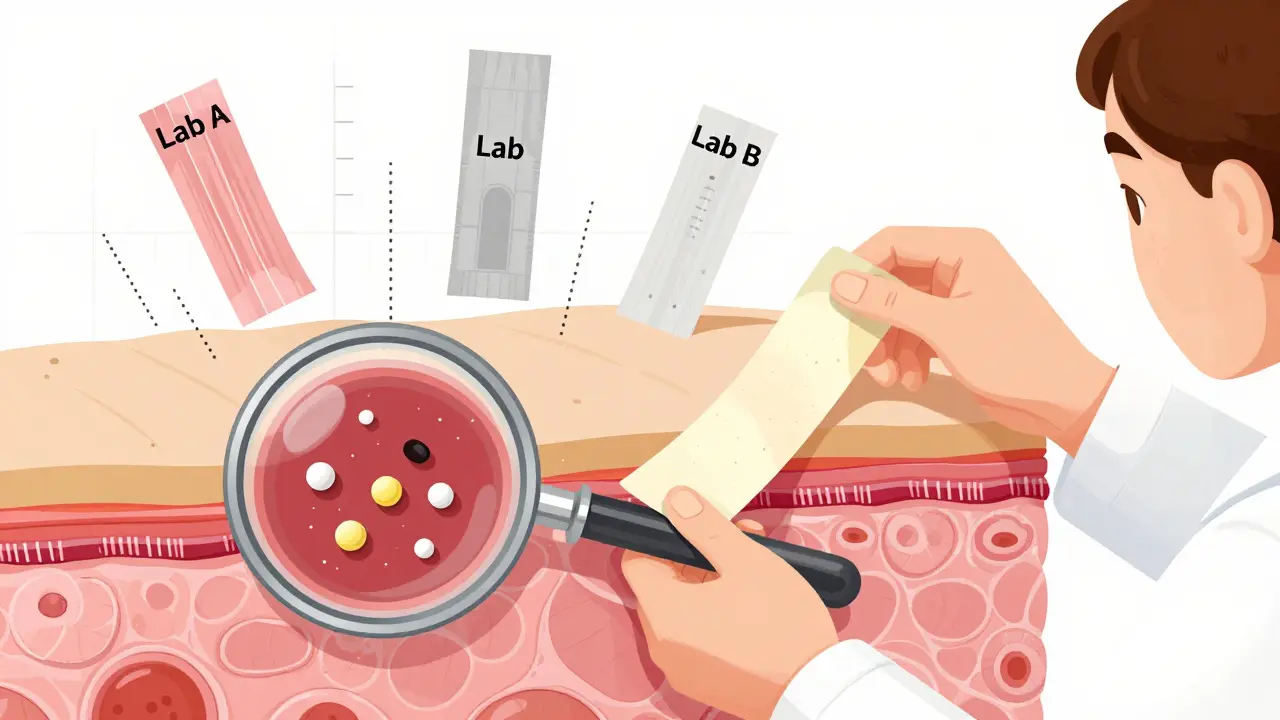 Scientist using tape to strip skin layers, revealing drug particles in the top skin layer.
