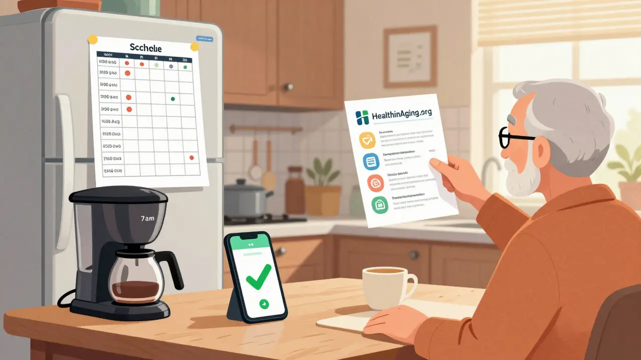 Senior at home with medication schedule on fridge, coffee maker as reminder, and family member helping.