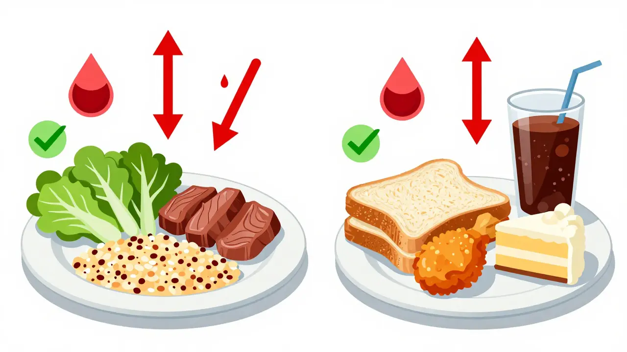 Side-by-side comparison of a healthy diabetic meal versus an unhealthy meal with rising blood sugar icons.