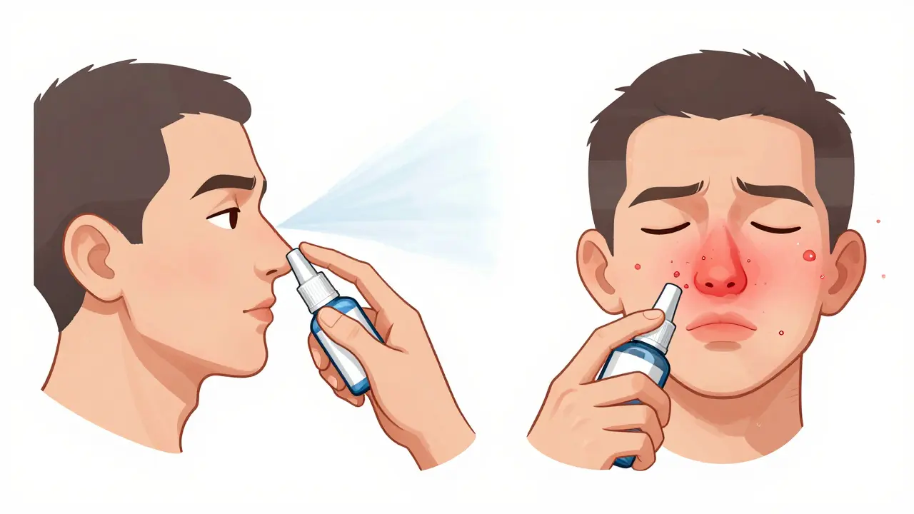 Side-by-side comparison of correct and incorrect nasal spray technique with anatomical details.