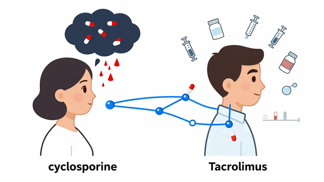 Side-by-side comparison of cyclosporine and tacrolimus drug interaction effects