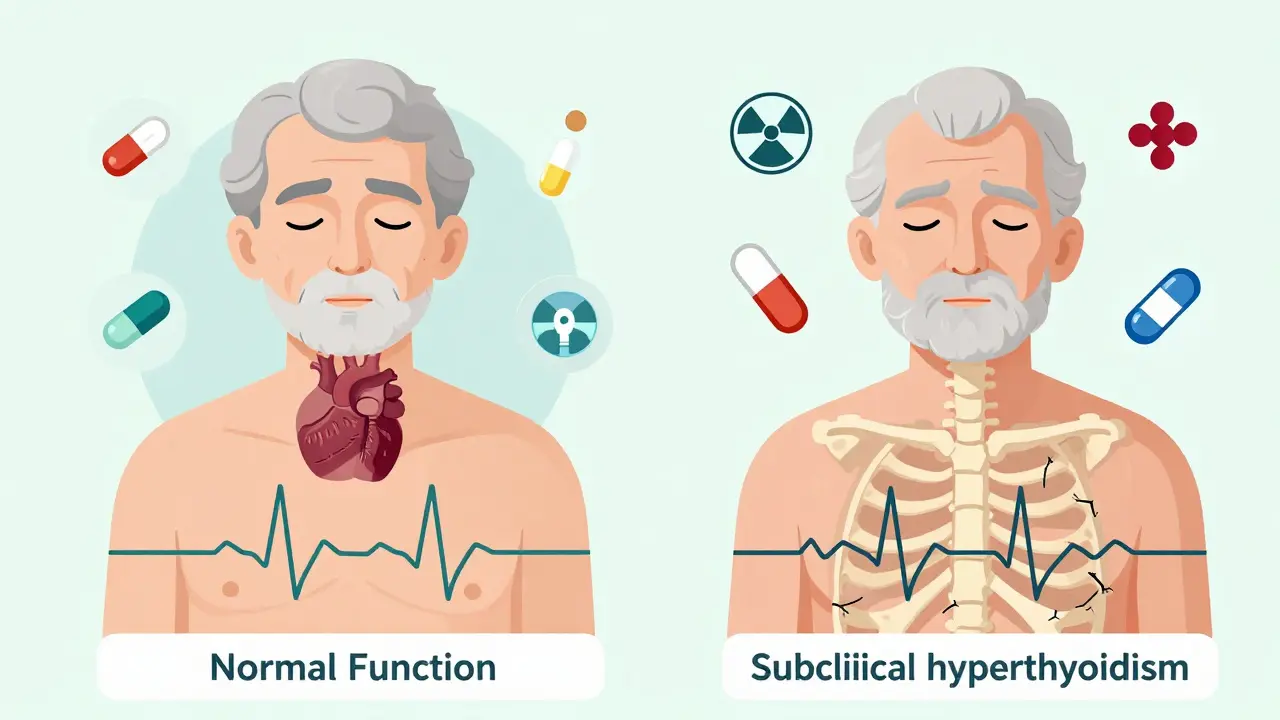 Side-by-side comparison of healthy vs. subclinical hyperthyroidism in elderly patients, showing heart rhythm, bone density, and medical interventions.